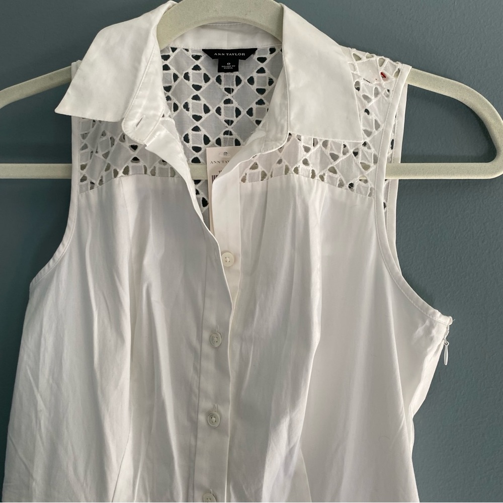 Ann Taylor White Eyelet Shirt Dress Sleeveless Button Down Sz 0 - Picture 4 of 11